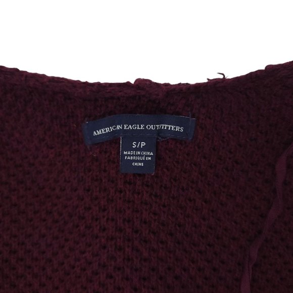 American Eagle Open Front Hoodie Cardigan Womens Size S Wine Pockets Cable Knit - Picture 12 of 15